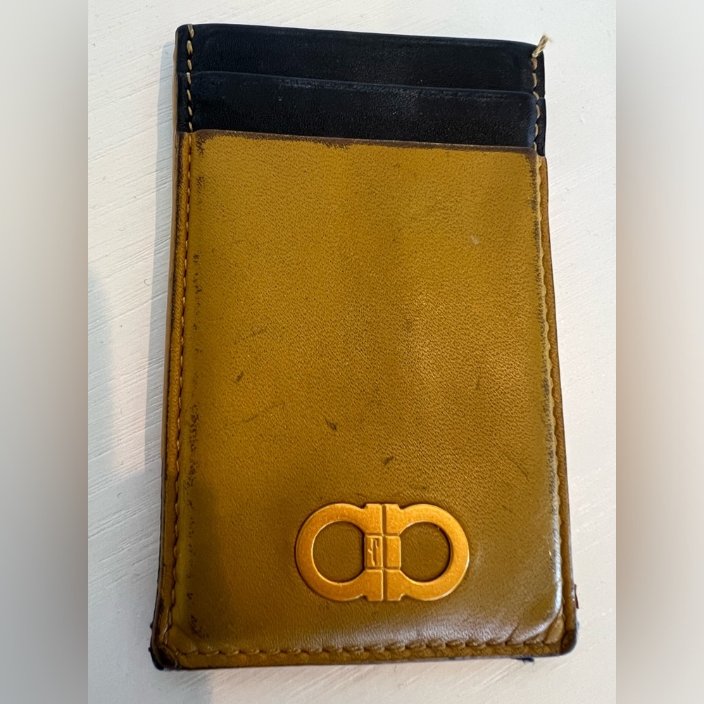 Ferragamo card case wallet. Mustard yellow and navy.